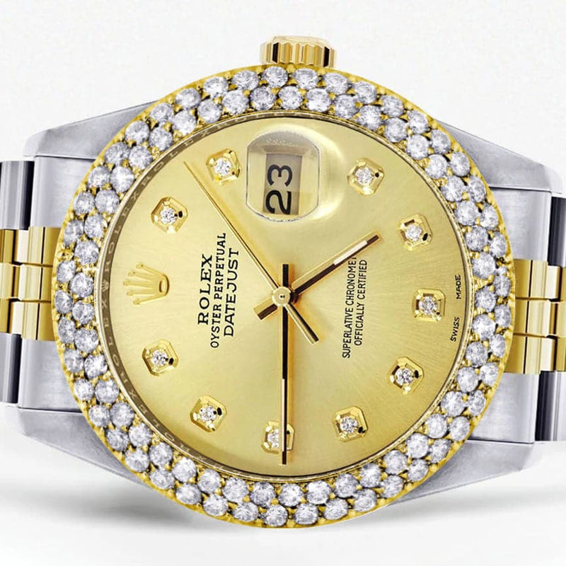 Diamond Gold Rolex Watch For Women 16233 | 36Mm | Custom Gold Dial | Two Row 4.25 Carat Bezel | Jubilee Band