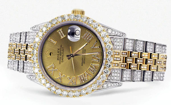 Iced Out Rolex Datejust | 36MM | Gold Roman Diamond Dial | Two Tone | Diamond Jubilee Band | 10 Carats of Diamonds