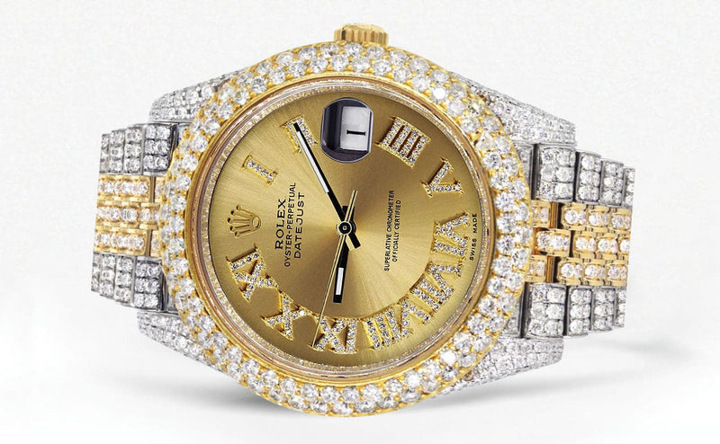 Diamond Iced Out Rolex Datejust 41 | 25 Carats Of Diamonds | Custom Gold Roman Numeral Diamond Dial | Two Tone | Two Row | Jubilee Band