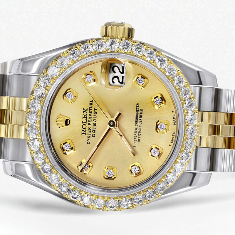 Womens Diamond Gold Hidden Clasp Rolex Watch | 1 Carat Bezel | 26Mm | Gold Dial | Jubilee Band | Model 179173