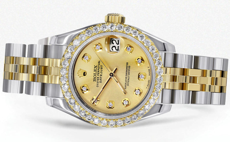 Womens Diamond Gold Hidden Clasp Rolex Watch | 1 Carat Bezel | 26Mm | Gold Dial | Jubilee Band | Model 179173