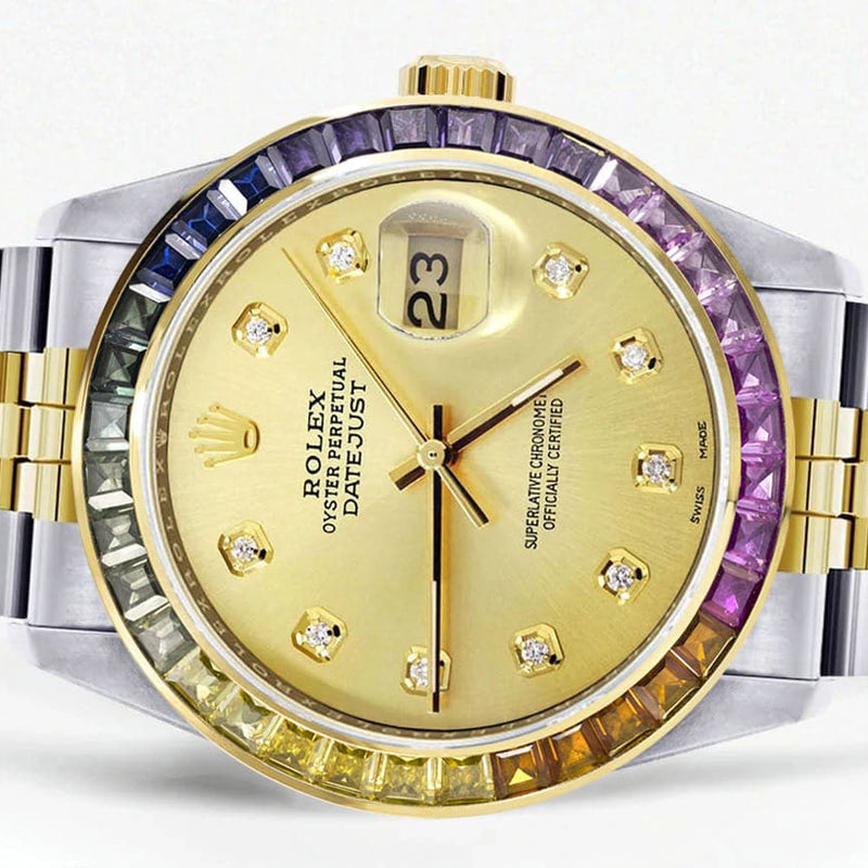 Diamond Gold Rolex Watch For Men 16233 | 36Mm | Rainbow Sapphire Bezel | Gold Dial | Jubilee Band