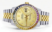 Diamond Gold Rolex Watch For Men 16233 | 36Mm | Rainbow Sapphire Bezel | Gold Dial | Jubilee Band