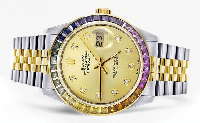 Diamond Gold Rolex Watch For Men 16233 | 36Mm | Rainbow Sapphire Bezel | Gold Dial | Jubilee Band