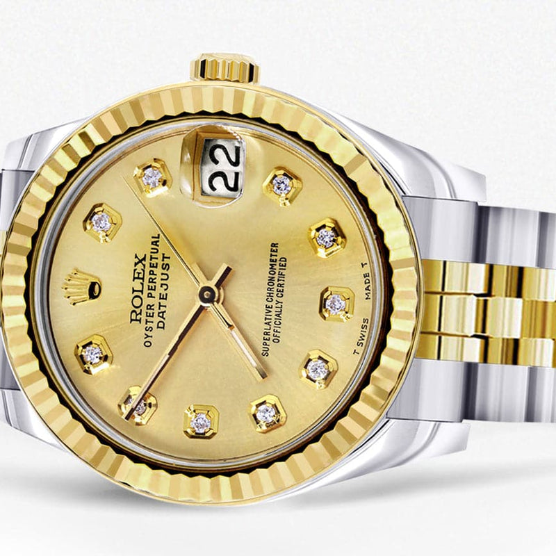 Diamond Gold Rolex Watch | 68273 | Fluted Bezel | 31MM | Gold Diamond Dial | Jubilee Band