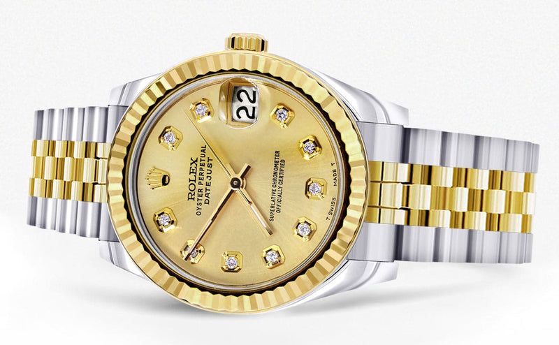 Diamond Gold Rolex Watch | 68273 | Fluted Bezel | 31MM | Gold Diamond Dial | Jubilee Band