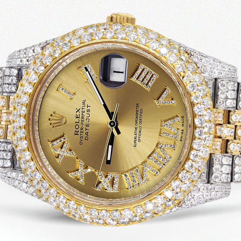 Womens Diamond Iced Out Rolex Datejust 41 | 25 Carats Of Diamonds | Custom Gold Roman Numeral Diamond Dial | Two Tone | Two Row | Jubilee Band