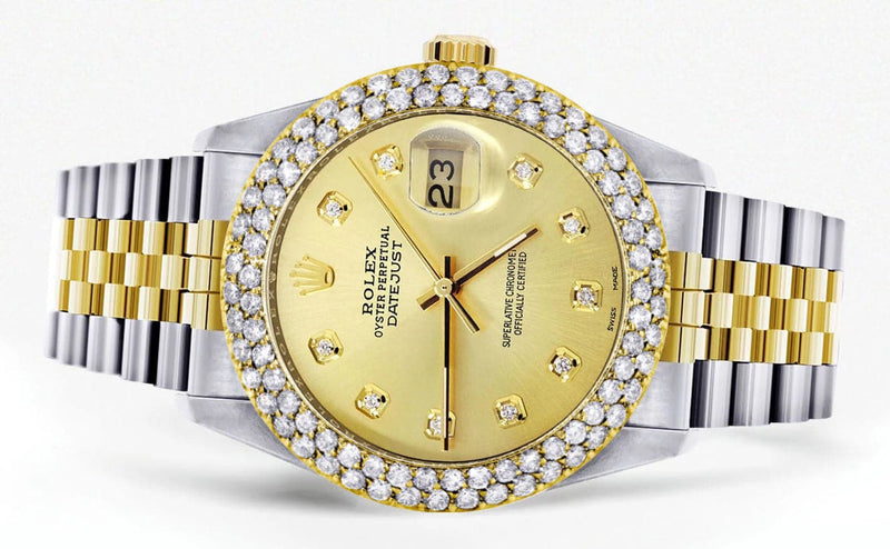 Diamond Gold Rolex Watch For Men 16233 | 36Mm | Custom Gold Dial | Two Row 4.25 Carat Bezel | Jubilee Band
