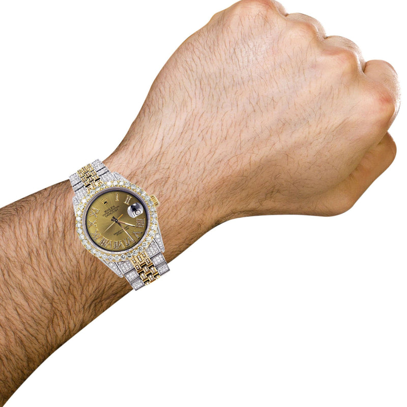 Iced Out Rolex Datejust 36 MM | Two Tone | 10 Carats of Diamonds | Gold Roman Diamond Dial