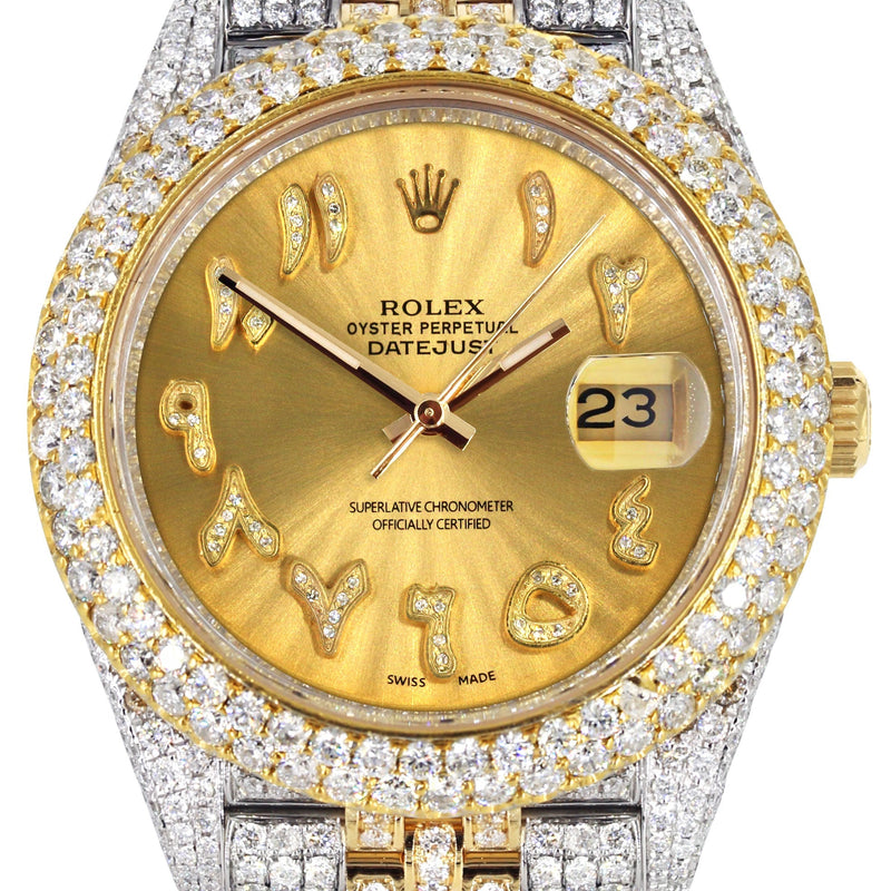 Womens Diamond Iced Out Rolex Datejust 41 | 25 Carats Of Diamonds | Custom Gold Arabic Numeral Diamond Dial | Two Tone | Two Row | Jubilee Band