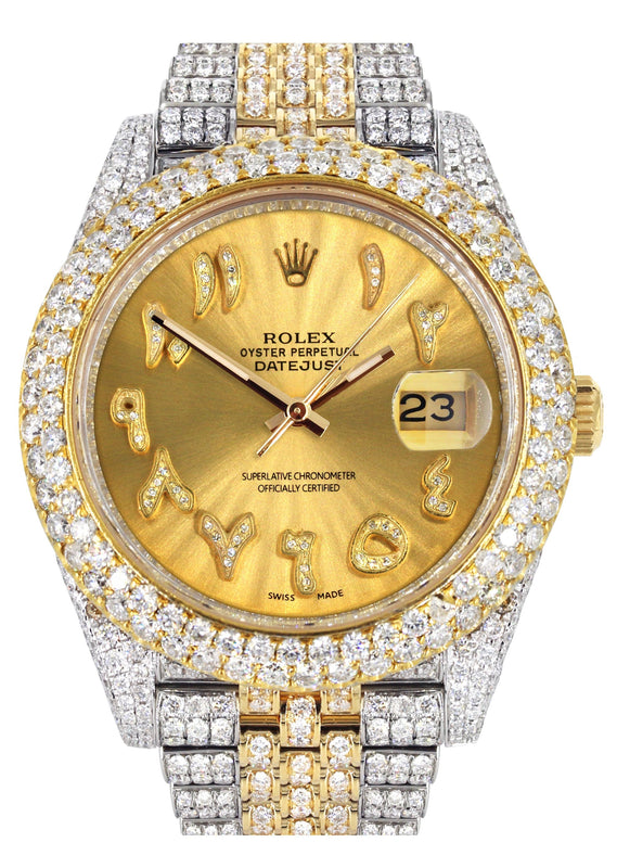 Womens Diamond Iced Out Rolex Datejust 41 | 25 Carats Of Diamonds | Custom Gold Arabic Numeral Diamond Dial | Two Tone | Two Row | Jubilee Band