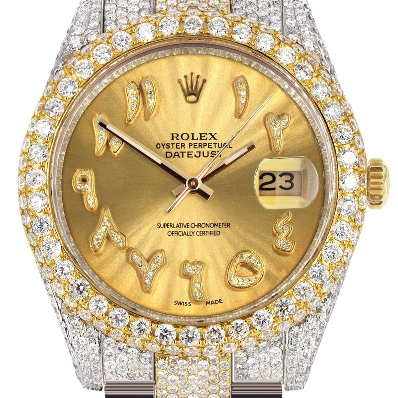Diamond Iced Out Rolex Datejust 41 | 25 Carats Of Diamonds | Custom Gold Arabic Numeral Diamond Dial | Two Tone | Two Row | Oyster Band