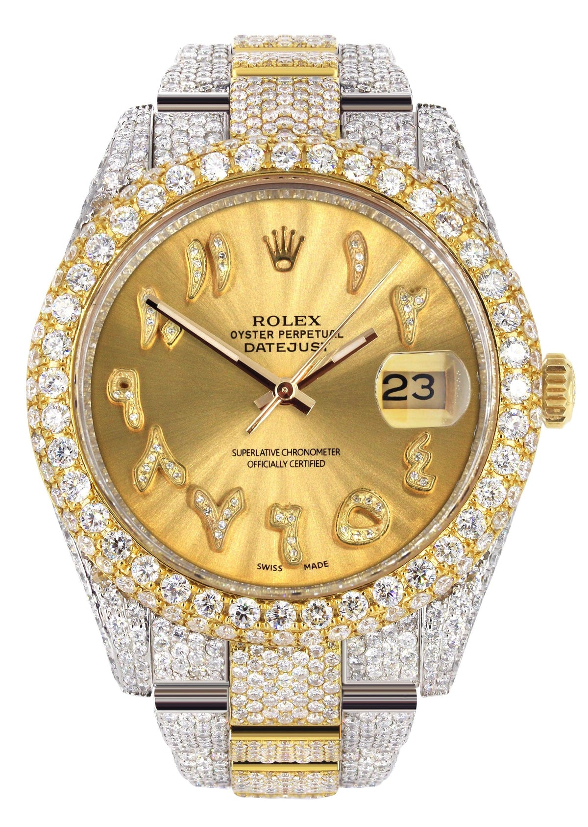 Diamond Iced Out Rolex Datejust 41 | 25 Carats Of Diamonds | Custom Gold Arabic Numeral Diamond Dial | Two Tone | Two Row | Oyster Band
