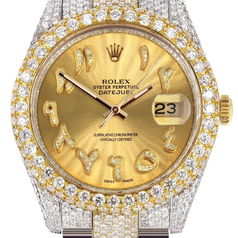 Womens Diamond Iced Out Rolex Datejust 41 | 25 Carats Of Diamonds | Custom Gold Arabic Numeral Diamond Dial | Two Tone | Two Row | Oyster Band
