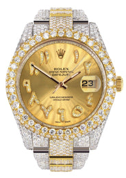 Womens Diamond Iced Out Rolex Datejust 41 | 25 Carats Of Diamonds | Custom Gold Arabic Numeral Diamond Dial | Two Tone | Two Row | Oyster Band