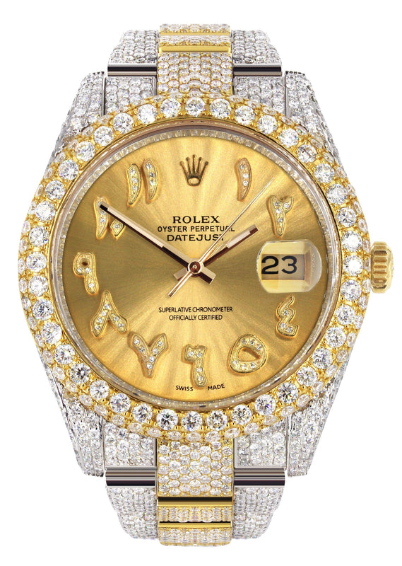 Womens Diamond Iced Out Rolex Datejust 41 | 25 Carats Of Diamonds | Custom Gold Arabic Numeral Diamond Dial | Two Tone | Two Row | Oyster Band
