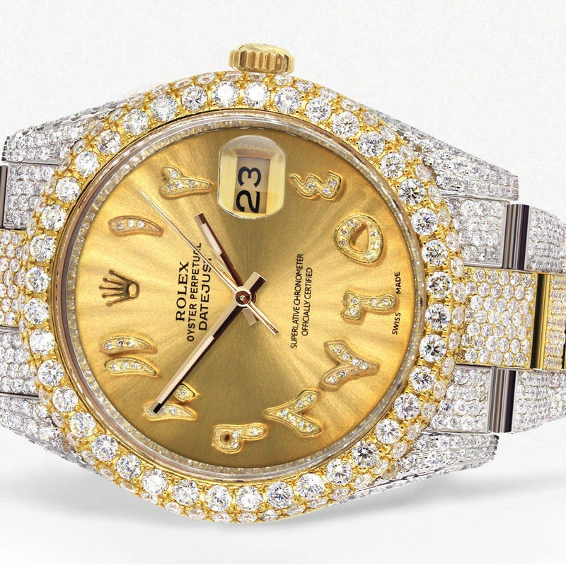Womens Diamond Iced Out Rolex Datejust 41 | 25 Carats Of Diamonds | Custom Gold Arabic Numeral Diamond Dial | Two Tone | Two Row | Oyster Band