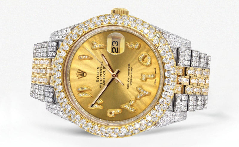 Diamond Iced Out Rolex Datejust 41 | 25 Carats Of Diamonds | Custom Gold Arabic Numeral Diamond Dial | Two Tone | Two Row | Jubilee Band