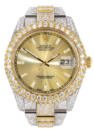 Diamond Iced Out Rolex Datejust 41 | 25 Carats Of Diamonds | Gold Diamond Dial | Two Tone | Two Row | Oyster Band