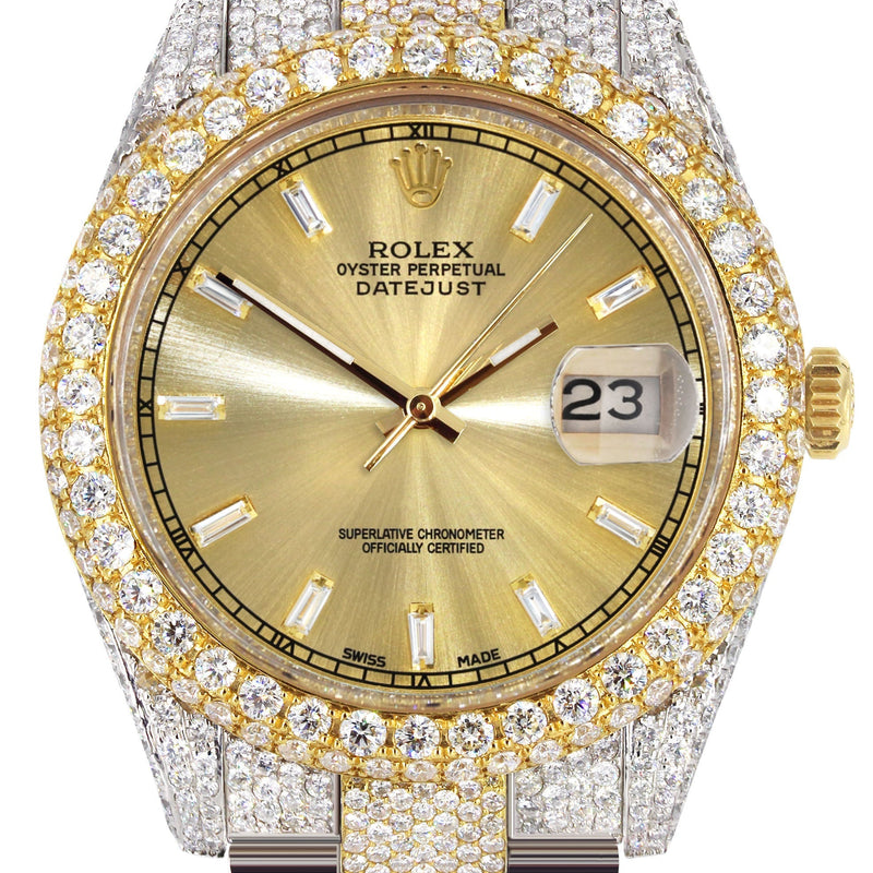Womens Diamond Iced Out Rolex Datejust 41 | 25 Carats Of Diamonds | Gold Diamond Dial | Two Tone | Two Row | Oyster Band