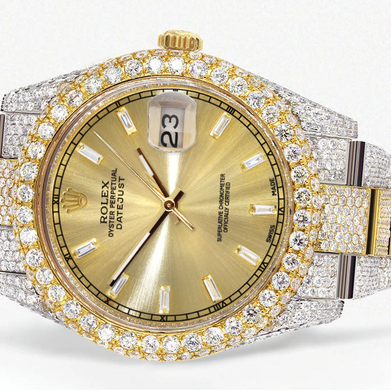 Womens Diamond Iced Out Rolex Datejust 41 | 25 Carats Of Diamonds | Gold Diamond Dial | Two Tone | Two Row | Oyster Band