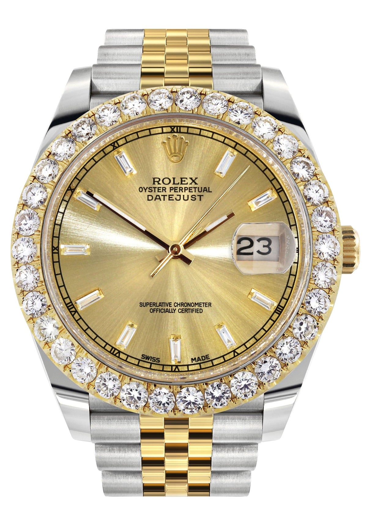 Rolex Datejust 41 Watch | 41 MM | 18K Yellow Gold & Stainless Steel | Custom Gold Baguette Diamond Dial | Jubilee Band