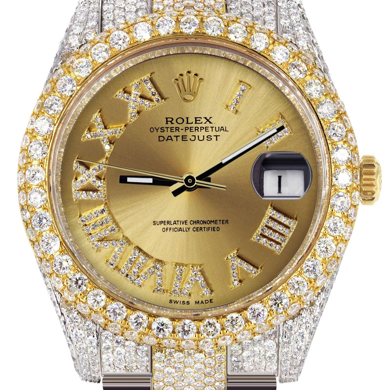 Womens Diamond Iced Out Rolex Datejust 41 | 25 Carats Of Diamonds | Custom Gold Roman Numeral Diamond Dial | Two Tone | Two Row | Oyster Band