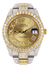 Womens Diamond Iced Out Rolex Datejust 41 | 25 Carats Of Diamonds | Custom Gold Roman Numeral Diamond Dial | Two Tone | Two Row | Oyster Band