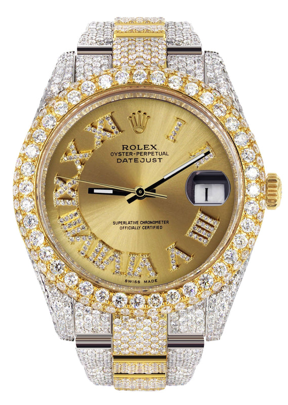 Womens Diamond Iced Out Rolex Datejust 41 | 25 Carats Of Diamonds | Custom Gold Roman Numeral Diamond Dial | Two Tone | Two Row | Oyster Band
