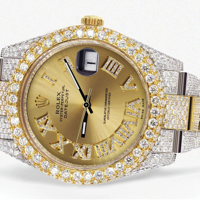 Diamond Iced Out Rolex Datejust 41 | 25 Carats Of Diamonds | Custom Gold Roman Numeral Diamond Dial | Two Tone | Two Row | Oyster Band