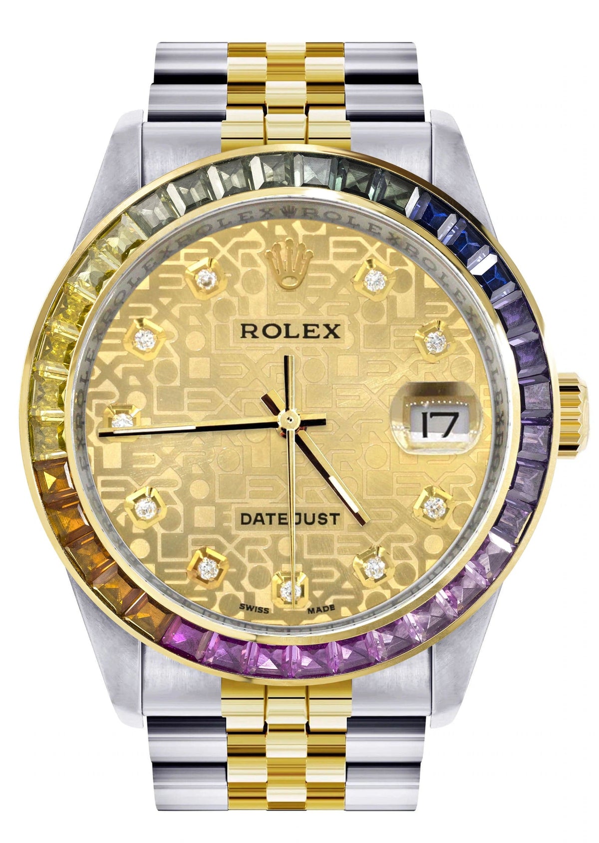 Diamond Gold Rolex Watch For Men 16233 | 36Mm | Rainbow Sapphire Bezel | Gold Texture Dial | Jubilee Band