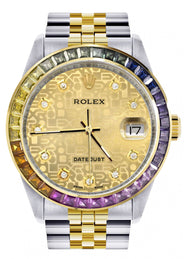 Diamond Gold Rolex Watch For Men 16233 | 36Mm | Rainbow Sapphire Bezel | Gold Texture Dial | Jubilee Band