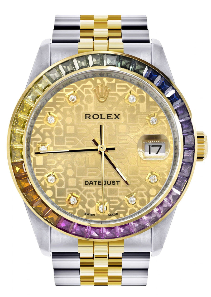 Diamond Gold Rolex Watch For Men 16233 | 36Mm | Rainbow Sapphire Bezel | Gold Texture Dial | Jubilee Band