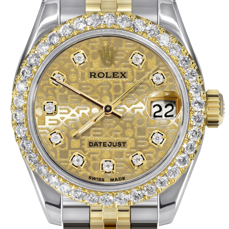 Womens Diamond Gold Hidden Clasp Rolex Watch | 1 Carat Bezel | 26Mm | Texture Gold Dial | Jubilee Band | Model 179173