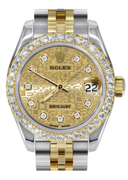 Womens Diamond Gold Hidden Clasp Rolex Watch | 1 Carat Bezel | 26Mm | Texture Gold Dial | Jubilee Band | Model 179173
