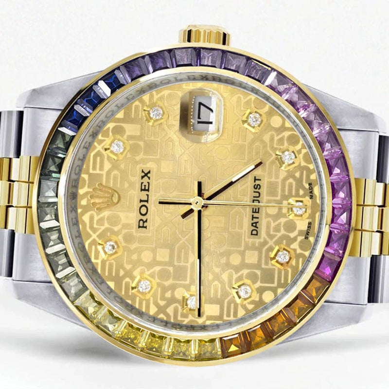 Diamond Gold Rolex Watch For Men 16233 | 36Mm | Rainbow Sapphire Bezel | Gold Texture Dial | Jubilee Band