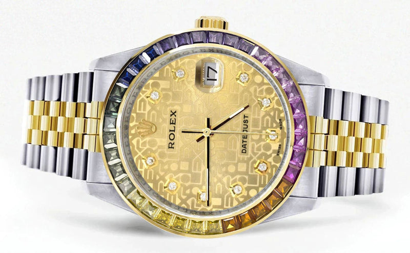 Diamond Gold Rolex Watch For Men 16233 | 36Mm | Rainbow Sapphire Bezel | Gold Texture Dial | Jubilee Band