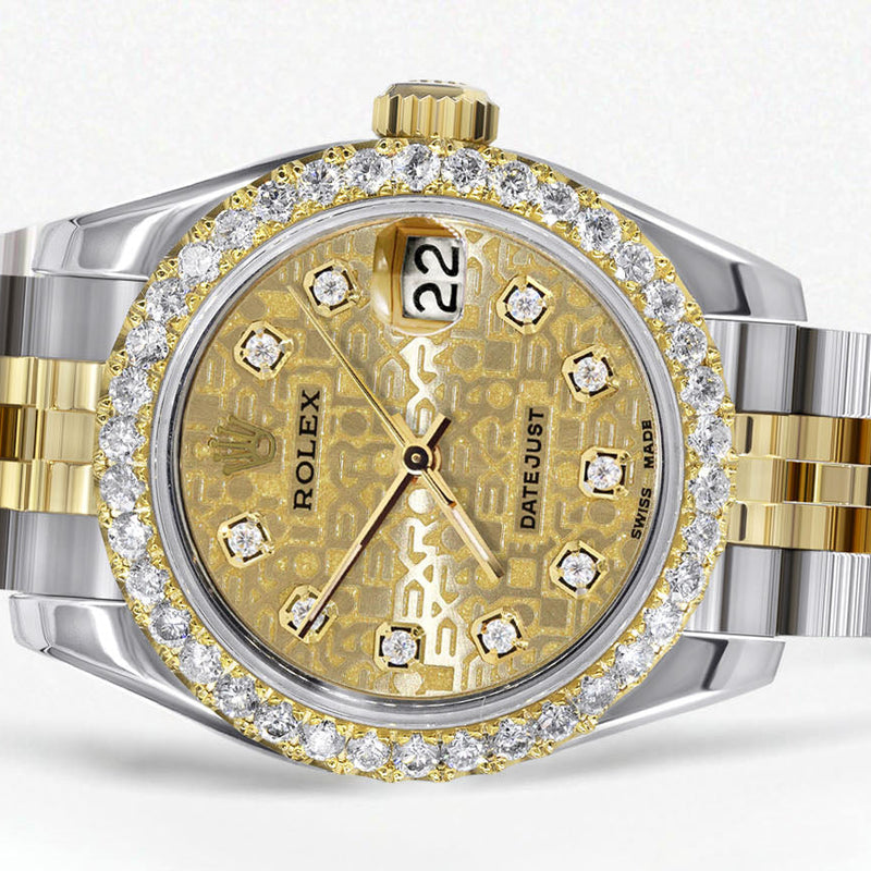 Womens Diamond Gold Hidden Clasp Rolex Watch | 1 Carat Bezel | 26Mm | Texture Gold Dial | Jubilee Band | Model 179173