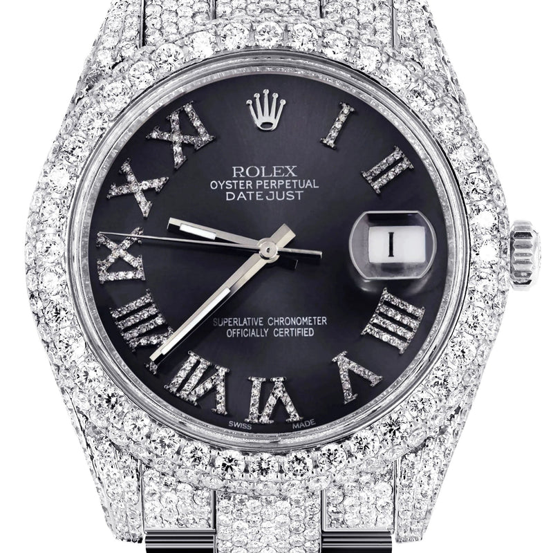 Womens Diamond Iced Out Rolex Datejust 41 | 25 Carats Of Diamonds | Custom Grey Roman Numeral Diamond Dial | Two Row | Oyster Band
