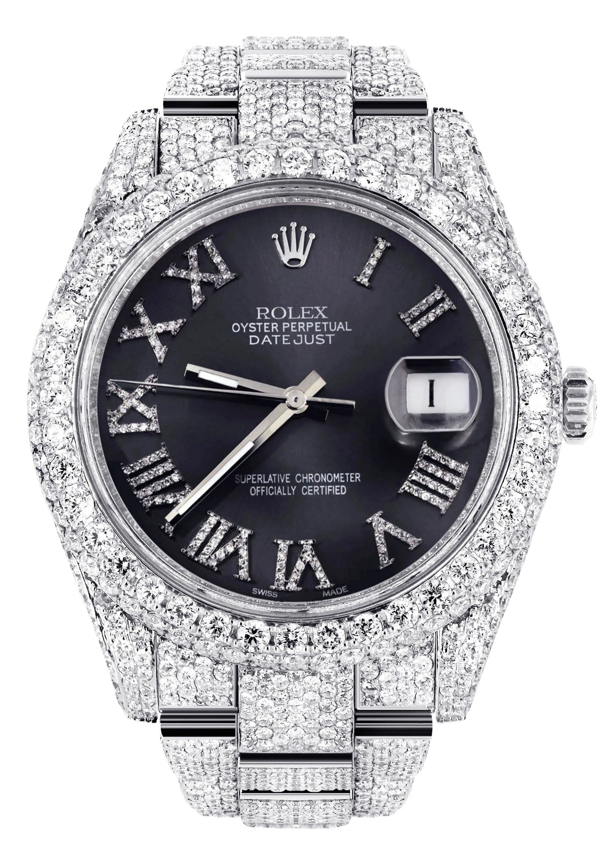 Womens Diamond Iced Out Rolex Datejust 41 | 25 Carats Of Diamonds | Custom Grey Roman Numeral Diamond Dial | Two Row | Oyster Band
