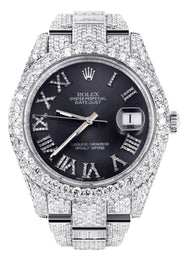 Womens Diamond Iced Out Rolex Datejust 41 | 25 Carats Of Diamonds | Custom Grey Roman Numeral Diamond Dial | Two Row | Oyster Band