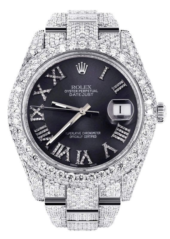 Womens Diamond Iced Out Rolex Datejust 41 | 25 Carats Of Diamonds | Custom Grey Roman Numeral Diamond Dial | Two Row | Oyster Band