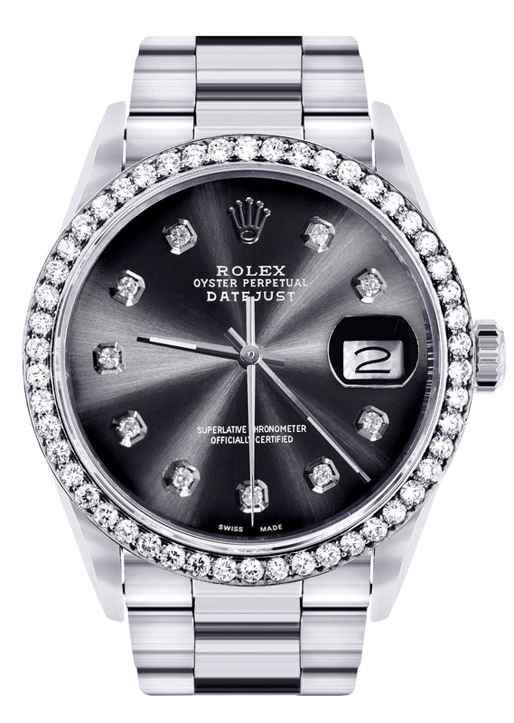 Diamond Mens Rolex Datejust Watch 16200 | 36Mm | Graphite Diamond Dial | Oyster Band