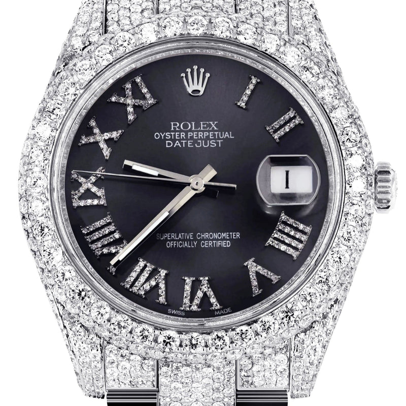 Diamond Iced Out Rolex Datejust 41 | 25 Carats Of Diamonds | Custom Grey Roman Numeral Diamond Dial | Two Row | Oyster Band