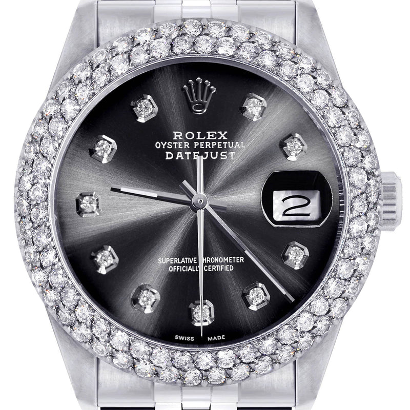 Mens Rolex Datejust Watch 16200 | 36Mm | Graphite Dial | Two Row 4.25 Carat Bezel | Jubilee Band