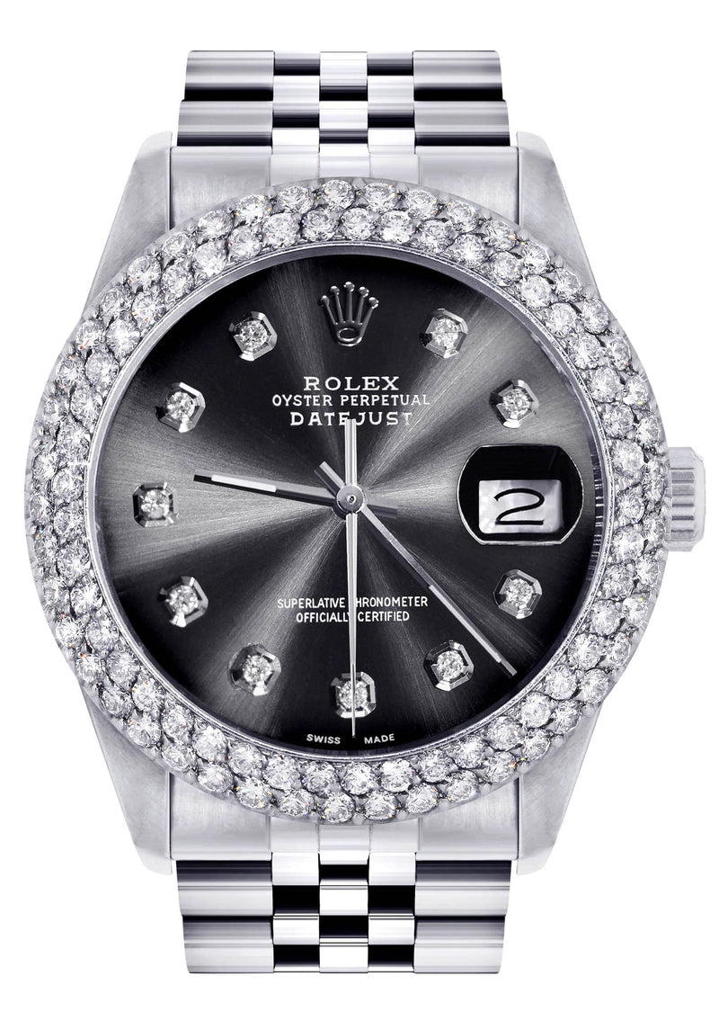 Mens Rolex Datejust Watch 16200 | 36Mm | Graphite Dial | Two Row 4.25 Carat Bezel | Jubilee Band