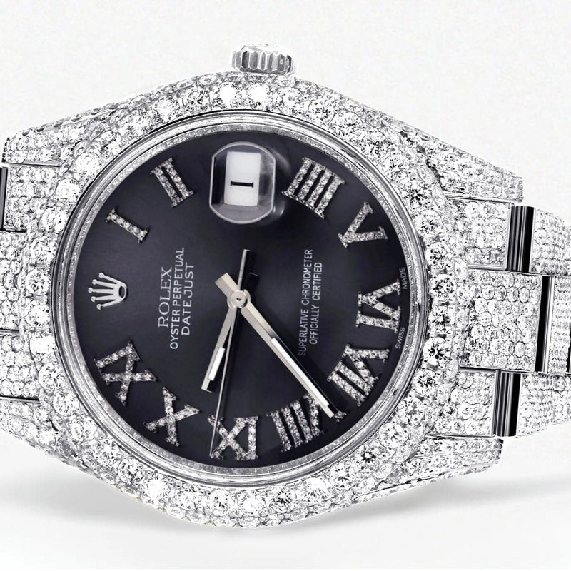 Diamond Iced Out Rolex Datejust 41 | 25 Carats Of Diamonds | Custom Grey Roman Numeral Diamond Dial | Two Row | Oyster Band