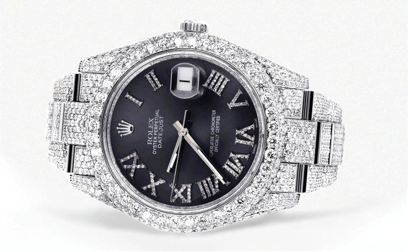 Diamond Iced Out Rolex Datejust 41 | 25 Carats Of Diamonds | Custom Grey Roman Numeral Diamond Dial | Two Row | Oyster Band