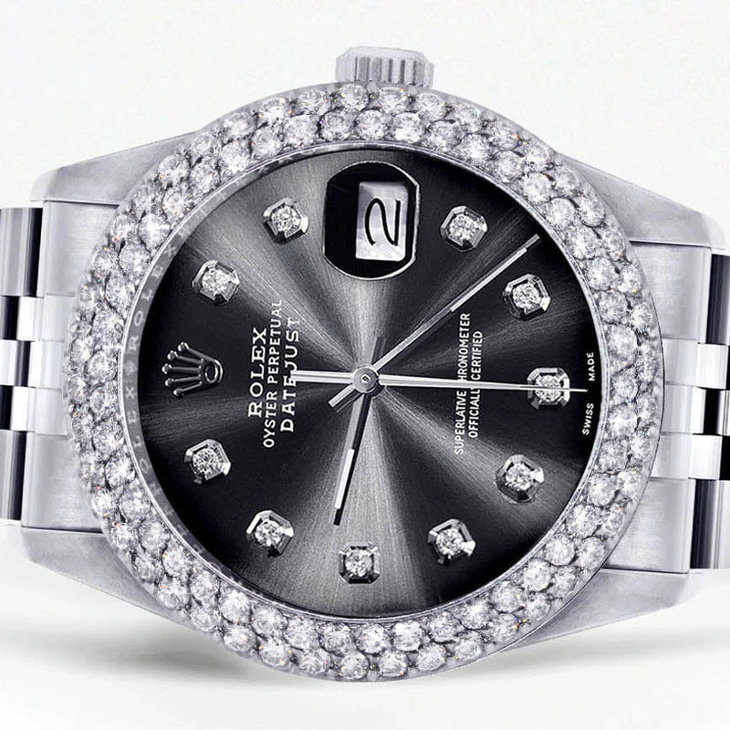 Womens Rolex Datejust Watch 16200 | 36Mm | Graphite Dial | Two Row 4.25 Carat Bezel | Jubilee Band