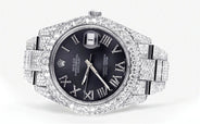 Womens Diamond Iced Out Rolex Datejust 41 | 25 Carats Of Diamonds | Custom Grey Roman Numeral Diamond Dial | Two Row | Oyster Band